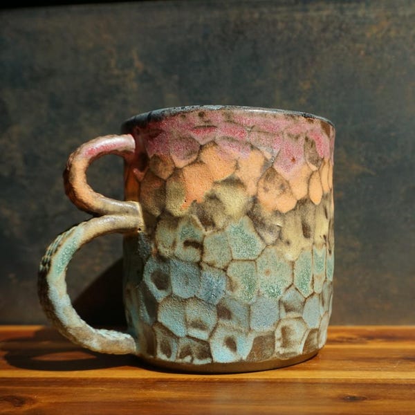 Handmade Carved Ceramic Mug | Rainbow gradient Stoneware Mug