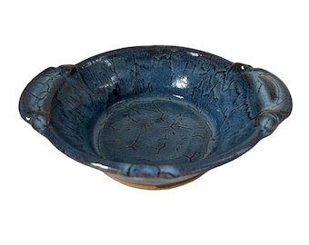 Blue Glazed Pottery Signed Studio bowl With Handles