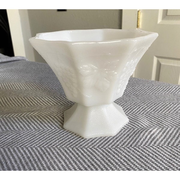 Vintage Octagonal Grape Leaf Milk Glass Footed Pedestal Vase