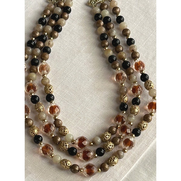 Vintage Warm Rusts Beaded Gold Tone 3 Strand Necklace 8 Inches