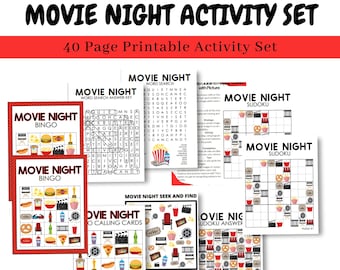 40-Page Movie Night Activity Printable Set – Bingo, Word Search, Scrabble, Sudoku & Jigsaw Puzzles.Instant Download. Parties, Kids + Adults