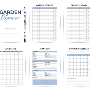 May include: A white garden planner with blue floral accents and the title "GARDEN Planner". The planner includes sections for a garden wishlist, seed inventory, soil status, plant log, and a garden calendar.