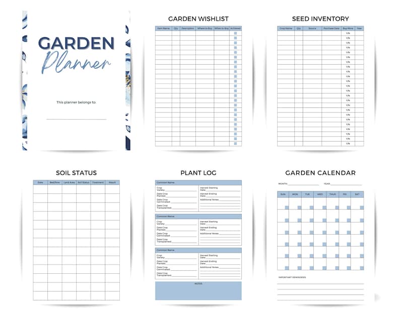 May include: A white garden planner with blue floral accents and the title "GARDEN Planner". The planner includes sections for a garden wishlist, seed inventory, soil status, plant log, and a garden calendar.