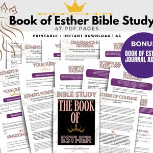 May include: A collection of printable Bible study pages titled "Book of Esther Bible Study." The pages feature text and graphics in a variety of fonts and colors, including purple, black, and white. The image also includes a bonus journal.