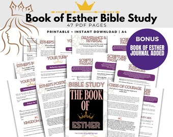 Puede incluir: Un conjunto de páginas imprimibles de estudio bíblico tituladas "Book of Esther Bible Study". Las páginas presentan texto y gráficos en una variedad de fuentes y colores, incluyendo morado, negro y blanco. La imagen también incluye un diario de bonificación.