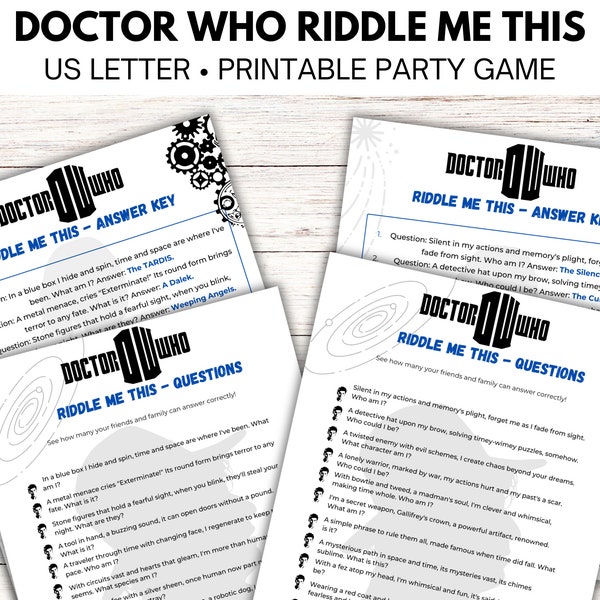 Doctor Who Riddle Me This, Printable Dr Who Game, TARDIS, Dr WHO, Party Game, Time Lord, Doctor Who Fan Activity, Sci-Fi, Timey Wimey, DrWho