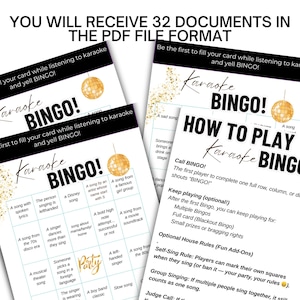 May include: Karaoke Bingo game sheets in PDF format. The sheets have a black and gold design with the words "Karaoke Bingo" and instructions on how to play. Includes bingo cards with karaoke-themed prompts.