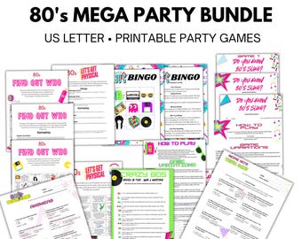 Paquete Mega de Juegos Imprimibles para Fiestas de los 80 - Imprimibles para Fiestas de los 80, Tema de los 80, Fiesta Imprimible, Retro, Descarga Instantánea, Actividad Divertida con Tema de los 80, Paquete para Fiestas