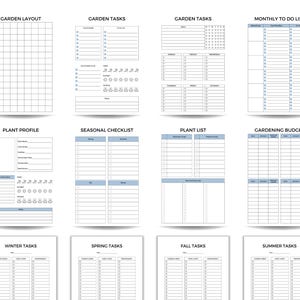May include: A collection of printable garden planner pages with titles like "Garden Layout," "Garden Tasks," and "Monthly To Do List." The pages feature grid layouts, checklists, and spaces for notes, all in a clean, minimalist design with blue accents.