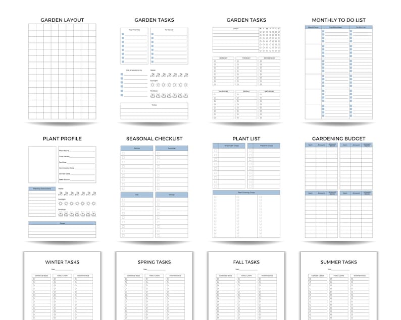 May include: A collection of printable garden planner pages with titles like "Garden Layout," "Garden Tasks," and "Monthly To Do List." The pages feature grid layouts, checklists, and spaces for notes, all in a clean, minimalist design with blue accents.
