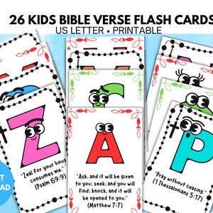 Cartões de versículos bíblicos de A a Z para crianças, cartões de escrituras do alfabeto cristão para crianças, para impressão em casa e na escola dominical. Baseado na fé, em DEUS, na Bíblia.
