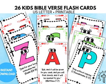 A-Z Kids Bible Verse Flash Cards, Christian Alphabet Scripture Cards for Children,Homeschool & Sunday School Printable.Faith-based,GOD,Bible