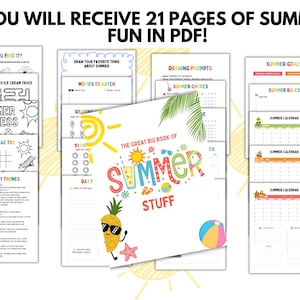 May include: A collection of printable summer-themed activity pages. The pages include coloring sheets, drawing prompts, summer calendars, and games. The cover of the main book is titled "The Great Big Book of Summer Stuff."
