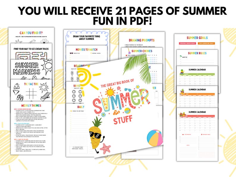 May include: A collection of printable summer-themed activity pages. The pages include coloring sheets, drawing prompts, summer calendars, and games. The cover of the main book is titled "The Great Big Book of Summer Stuff."