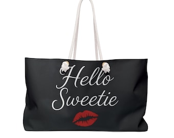 Hello Sweetie Black Weekender Bag, River Song Doctor Who Tote, Overnight Fandom Bag, Whovian Gift for Her, Geeky Travel Tote, Doctor Who