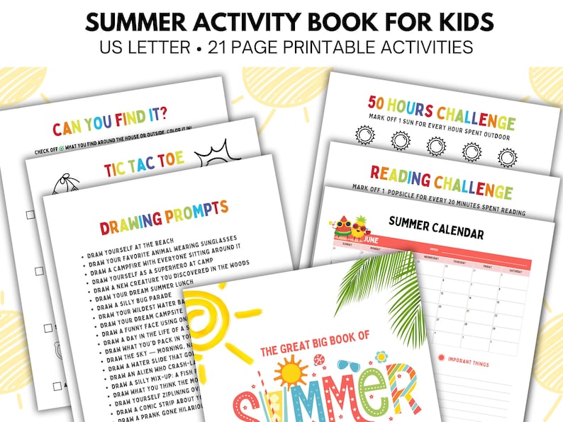 May include: A printable summer activity book for kids with 21 pages. The cover reads "The Great Big Book of Summer". Pages include drawing prompts, a reading challenge, a 50-hour challenge, and a summer calendar.