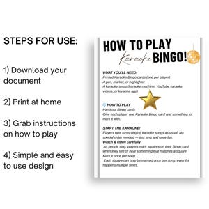 May include: A white sheet of paper with the text "HOW TO PLAY Karaoke BINGO!" and instructions. The document includes steps for use, what you'll need, and how to play. A gold star and disco ball graphic are also included.