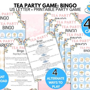 Tea Party Bingo, 40 Unique Printable Cards for Birthday, Bridal Shower, Fun Activities, and Games, Pastel Blue Theme Bingo Tea Party Game