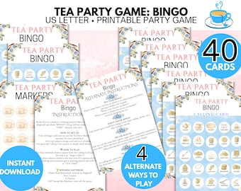 Tea Party Bingo, 40 Unique Printable Cards for Birthday, Bridal Shower, Fun Activities, and Games, Pastel Blue Theme Bingo Tea Party Game