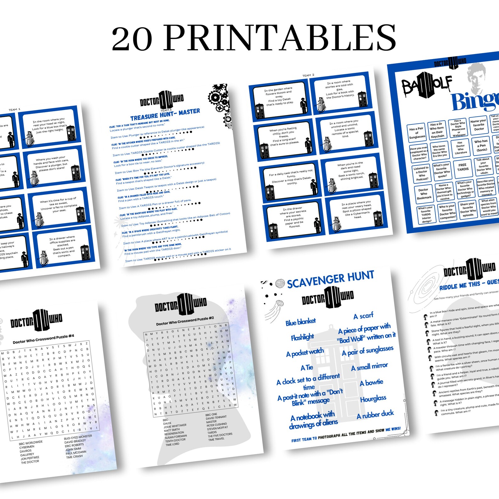 Doctor Who Party Printables Bundle - Scavenger Hunt, Riddles, Bingo ...