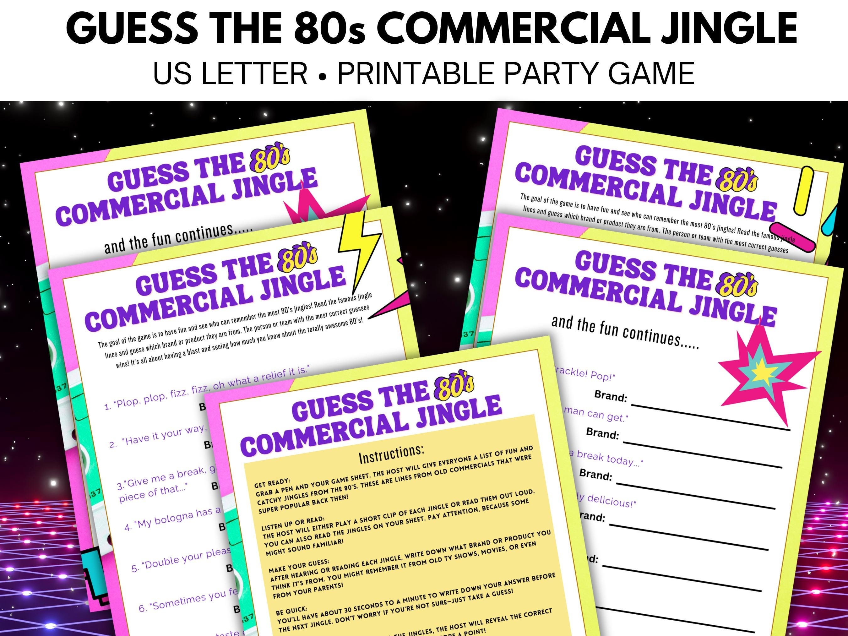 80's Party Printable Game,Guess the Jingle,Fun 80's Theme Activity,Printable Party Games,Retro,Commercial Jingle,80s games,80s theme party