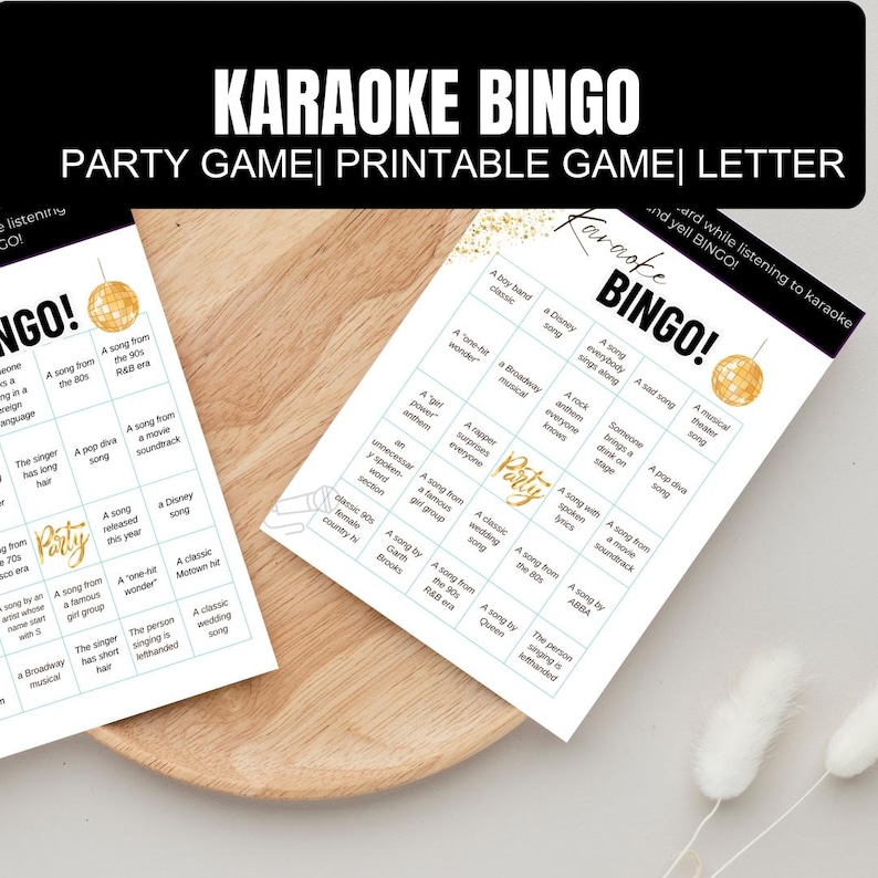 Karaoke Bingo Game Night Activity Party Entertainment Digital Download Printable Template Black Gold Design Thirty Unique Cards Music Themed Squares Song Categories Singer Traits Funny Moments Perfect Birthday Celebration Holiday Gathering