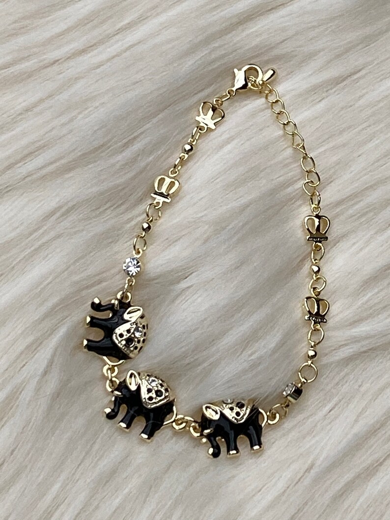 Women/'s birthday gift Trendy Jewelry Bridal Shower gift Gold Filled Charms Elephant Charm Bracelet Gold Black