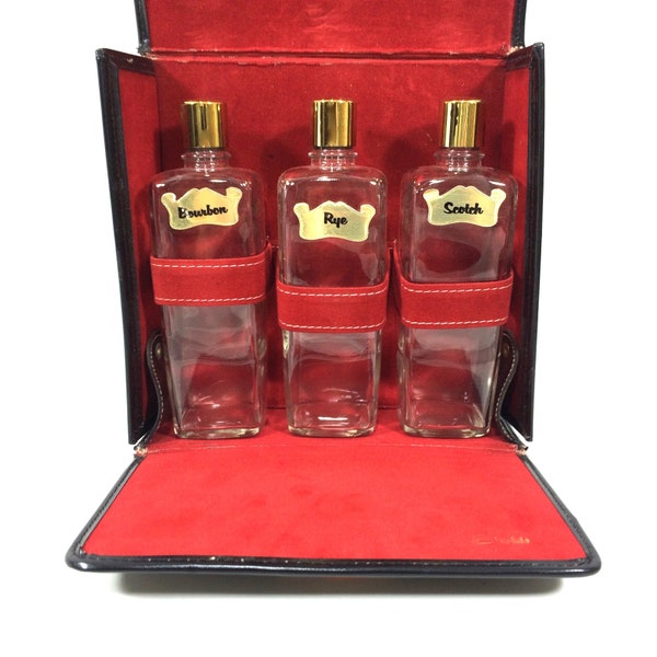 Vintage 1960s Flask Set in Travel Case with 3 Flasks in Coat of Arms Design, Scotch ~ Bourbon ~ Rye, Retro Travel Bar Set