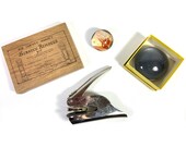 Vintage Desk Accessories Notary Stamp Lucite Paperweight Scratch Remover Kit Grovehouse Train, Man Cave Home Office Decor