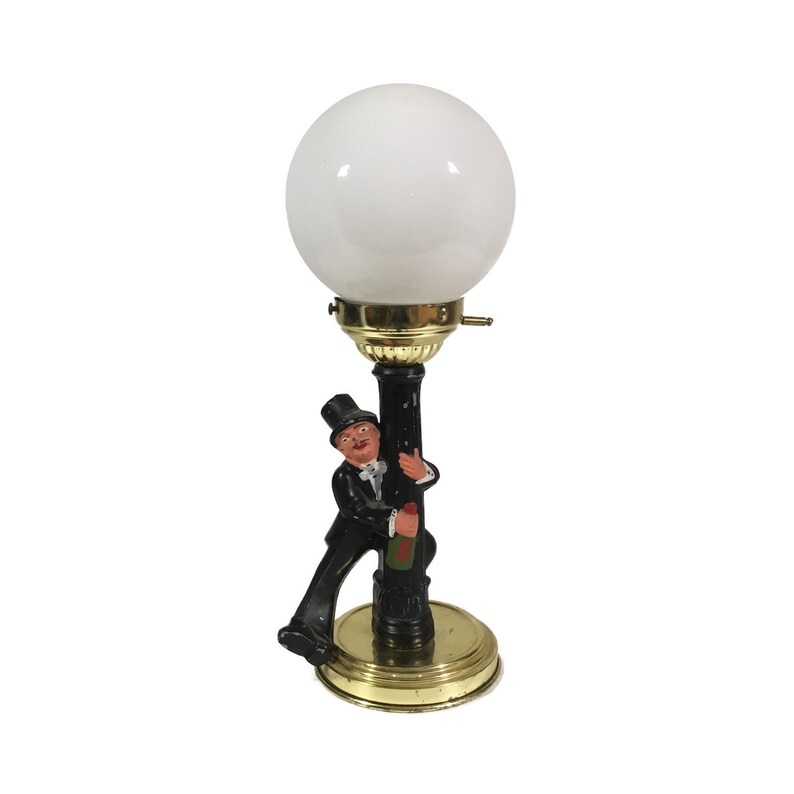 Vintage Bar Table Lamp With Drunk Hobo And Milk Glass Globe Image 0