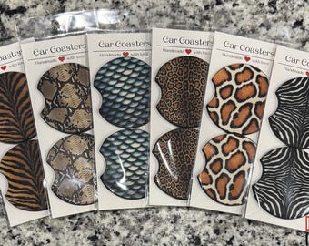Animal Print Car Coasters, Neoprene Cup Holder Accessories (Set of 2)