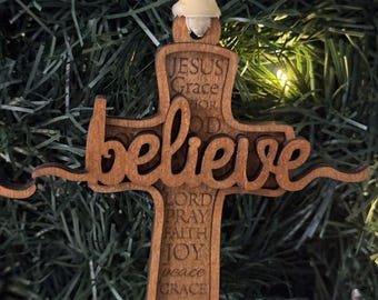 Believe Cross Ornament, Wood, Hand Painted, Inspirational