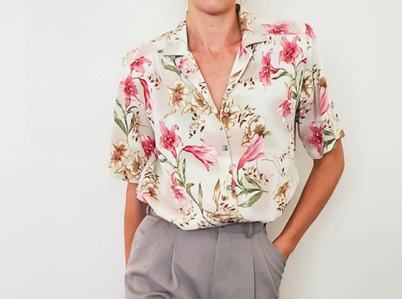 Vintage Floral Blouse - 1980's Blouse - Size L