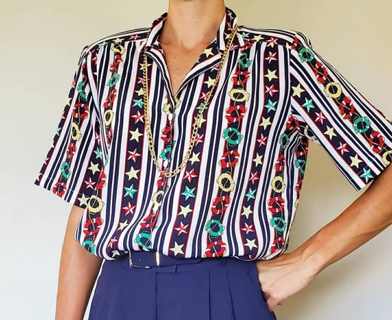 Vintage Sailor Blouse - 1980's Blouse - Size Mediu