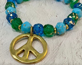 Blue & Green Czech Glass Beaded Peace Bracelet
