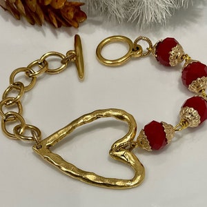 Antique Gold & Red  Heart Bracelet