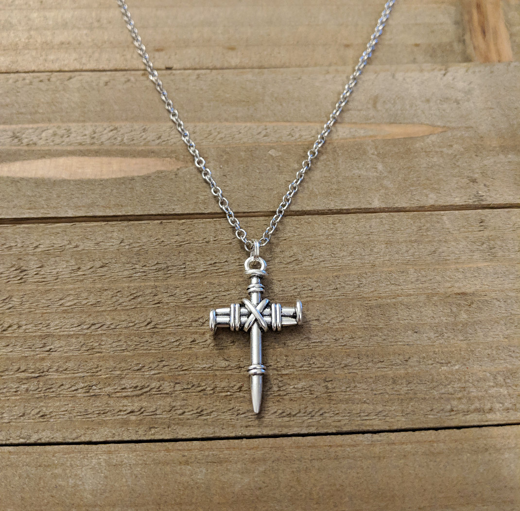 Nail Cross Necklace with Wrapped Wire Accent Silver Pewter Gift Box