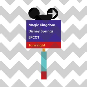 Op de afbeelding: Een blauw en rood bord met Mickey Mouse-oren en een pijl die naar rechts wijst. Het bord zegt "Magic Kingdom, Disney Springs, EPCOT, Rechtsaf."