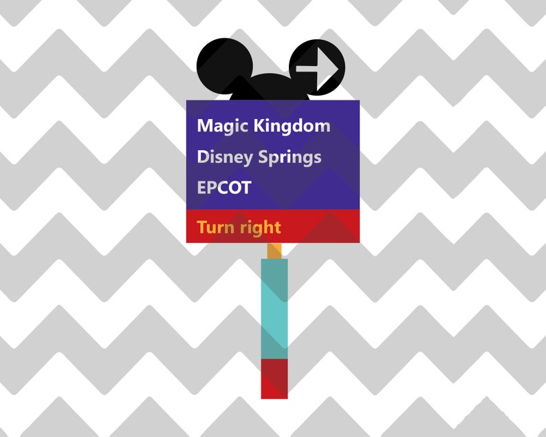 Op de afbeelding: Een blauw en rood bord met Mickey Mouse-oren en een pijl die naar rechts wijst. Het bord zegt "Magic Kingdom, Disney Springs, EPCOT, Rechtsaf."
