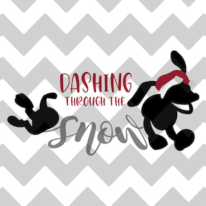 May include: A black silhouette of a dog wearing a red Santa hat, running through the snow. The text "Dashing Through The Snow" is written in red and grey.