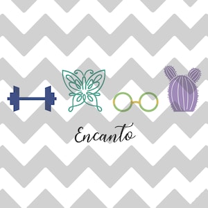May include: A gray and white chevron pattern background with a blue dumbbell, a green butterfly, yellow glasses, and a purple cactus. The text "Encanto" is written in black cursive.