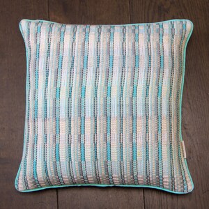 Aquamarine, white and silver fleck Hand Woven cushion - Striped cushion - Decorative cushion