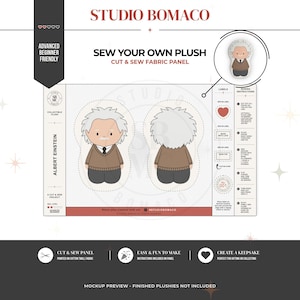 May include: A Studio Bomaco cut and sew fabric panel for a plush Albert Einstein doll. The panel features front and back illustrations of the character, sewing instructions, and labels on a white background with red accents.