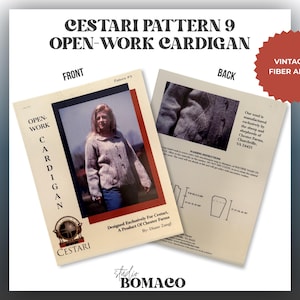 May include: A Cestari Pattern 9 Open-Work Cardigan instructional sheet showing front and back views. The front features a photograph of a person wearing a light-colored knit cardigan. The back displays text, washing instructions, and a line drawing.