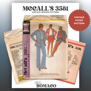 May include: Vintage McCall's 3581 sewing pattern. The pattern features illustrations of men's patio jackets, pants, walking shorts, and swim trunks. The pattern includes a red sticker that says "Vintage Paper Pattern".