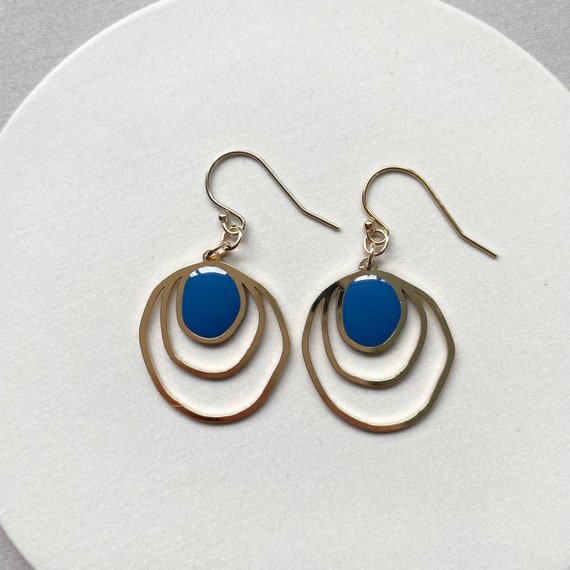 Colourful geometric earrings, cobalt blue jewellery, summer earrings, bright blue and gold dangle earrings, gifts for her
