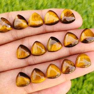 May include: A collection of 15 triangular tiger's eye gemstones. The stones are a mix of golden brown and black with a shimmering effect.