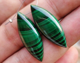 One Matched Pair Natural Malachite Cabochon Side To Side Drilled 30x11x4 MM Gemstones