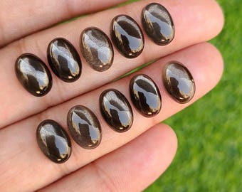 May include: A collection of eleven oval-shaped, polished gemstones. The stones are a dark, lustrous brown with a subtle sheen, arranged on a light-toned surface. The gemstones are smooth and reflect light, suggesting a high-quality finish. The overall presentation is clean and professional.