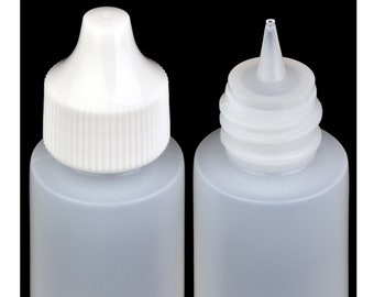 May include: Two clear plastic bottles with white squeeze tops. The bottles have a narrow opening with a pointed tip.